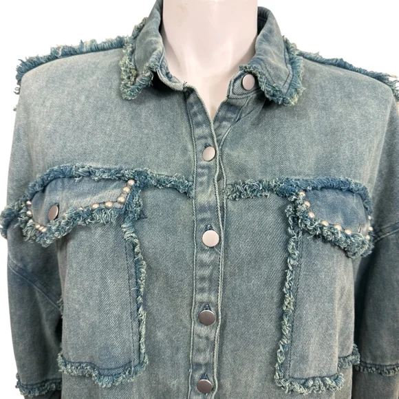 POL Frayed Denim Shacket Jacket Size L Blue Snap Front Distressed Western Style - Picture 2 of 10